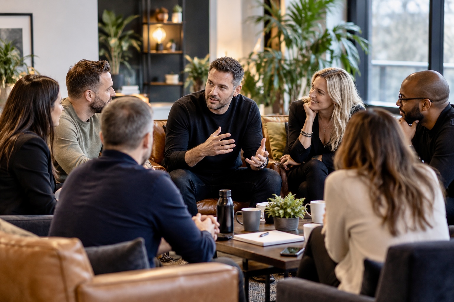 Brad Burton talking with a group of business leaders around coffee tables